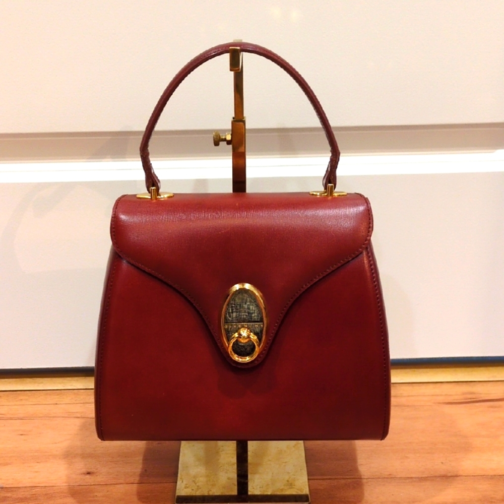 Givenchy EUC Gancini Top Handle Handbag Brown Hint Of Red Vintage Purse With COA
